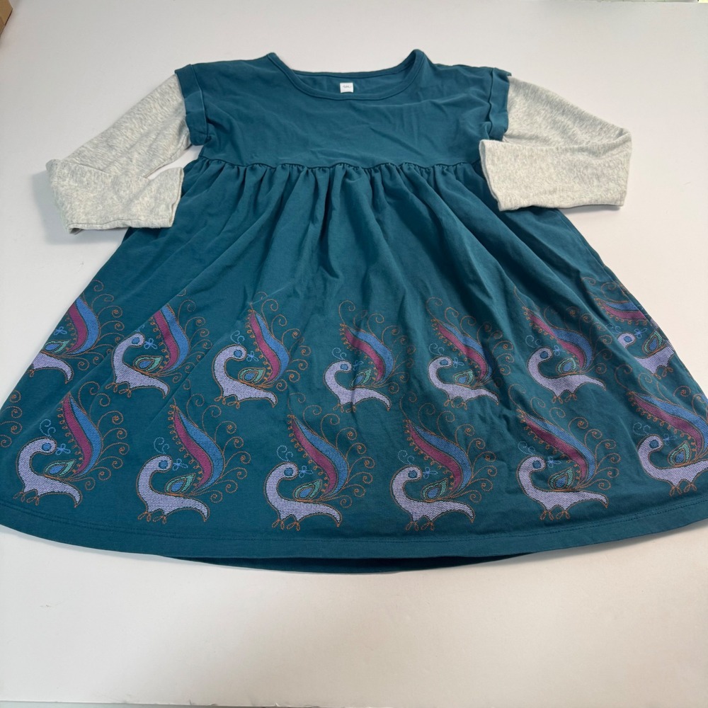 Tea Collection Girls Peacock Graphic Dress Teal Blue Long Sleeve Cotton Size 5